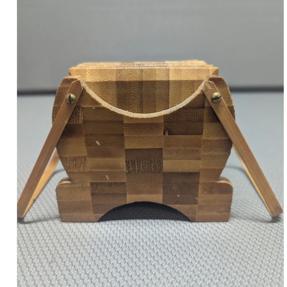 VTG Bamboo Checkerboard Coaster Set w/ Caddy Holder 5 Piece Natural Wood Parquet